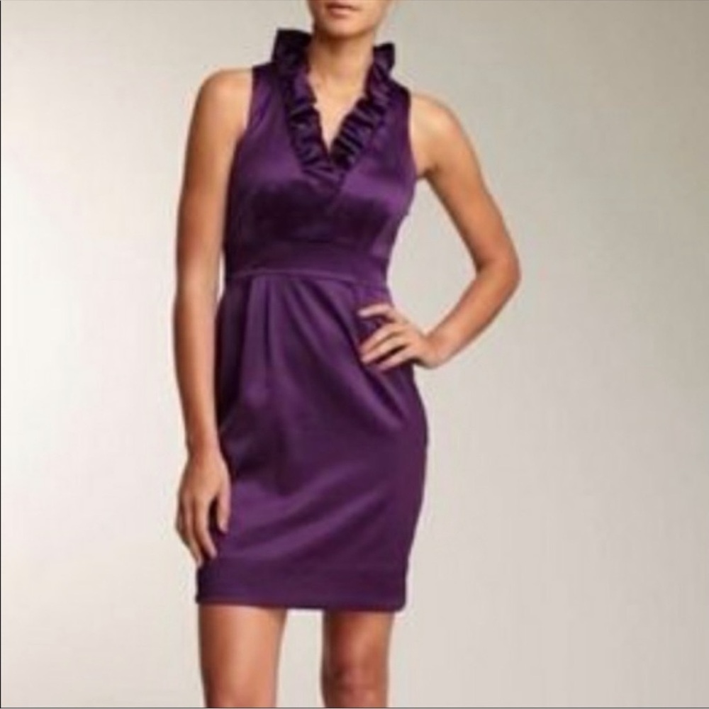 Just Taylor Purple Satin Ruffle Collar Sheath Dress Size 12